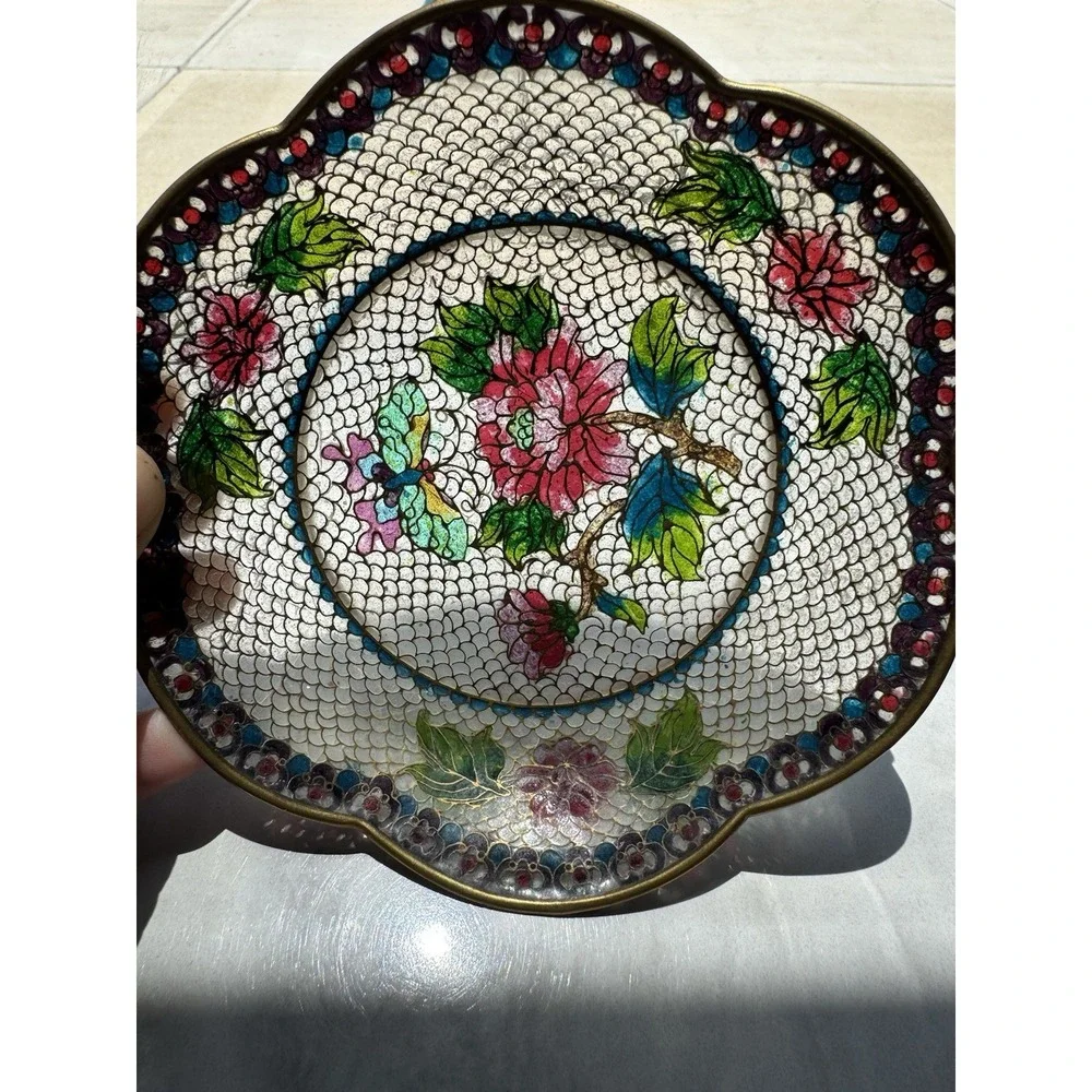 Chinese Cloisonné Plique-a-jour Translucent Bowl Dish Plate‎ Flowers & Butterfly